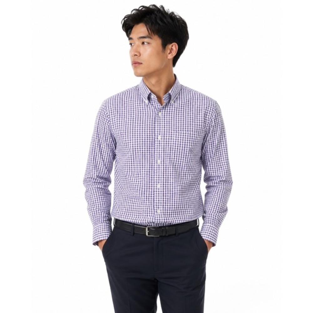IZOD Slim Fit Purple Gingham Check Button Down Shirt L Cotton L/S Career 88-45